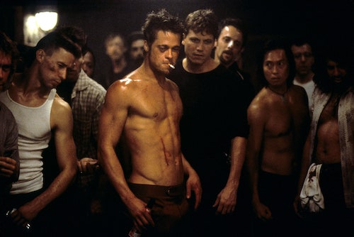 Brad Pitt as Tyler Durden, shirtless and smoking a cigarette