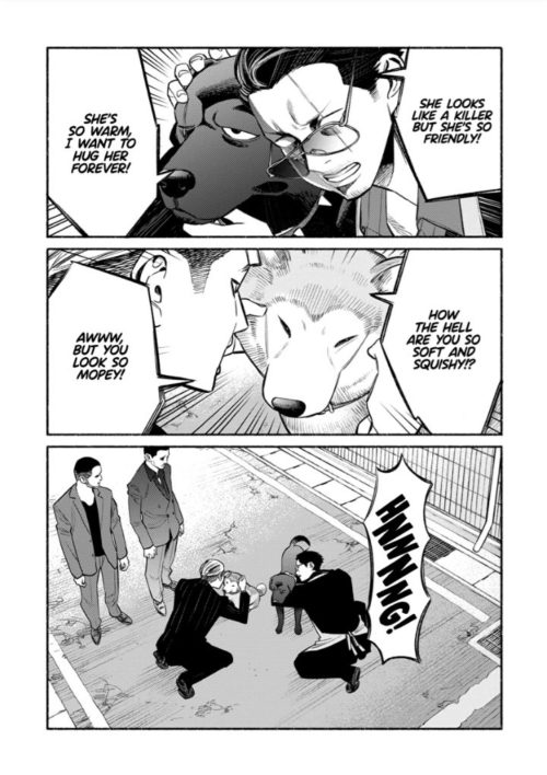 Page from Way of the House Husband manga: two Yakuza are cuddling and exclaiming how cute the others' dogs are.