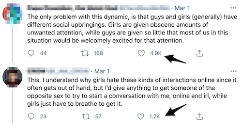 Two tweets. First says: The only problem with this dynamic, is that guys and girls (generally) have different social upbringings. Girls are given obscene amounts of unwanted attention, while guys are given so little that most of us in this situation would be welcomely excited for that attention. Second says: This. I understand why girls hate these kinds of interactions online since it often gets out of hand, but I’d give anything to get someone of the opposite sex to try to start a conversation with me, online and irl, while girls just have to breathe to get it.