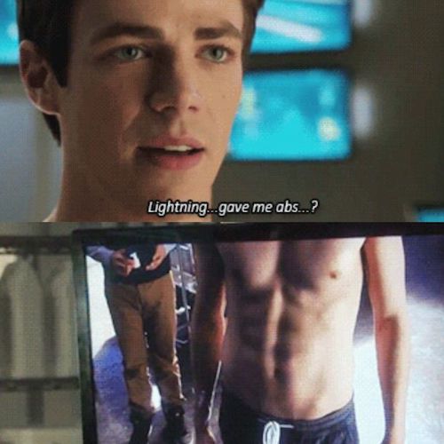 Grant Gustin as Barry Allen looking in the mirror with his shirt off. Text reads "Lightning gave me abs?"