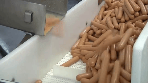 an animated gif of hot dogs flying off a conveyor belt into a bin