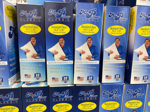 Display of My Pillow brand pillows at a Sam's Club store