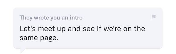 An intro message from OKCupid. Text reads: "Let's meet up and see if we're on the same page"