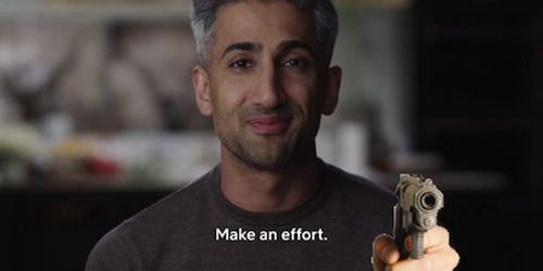 Meme of Tan Francis holding a photoshopped gun. Text reads "make an effort"