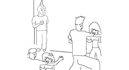 Popular meme of "Feels Guy" at a party, standing in a corner dejected while other people fun