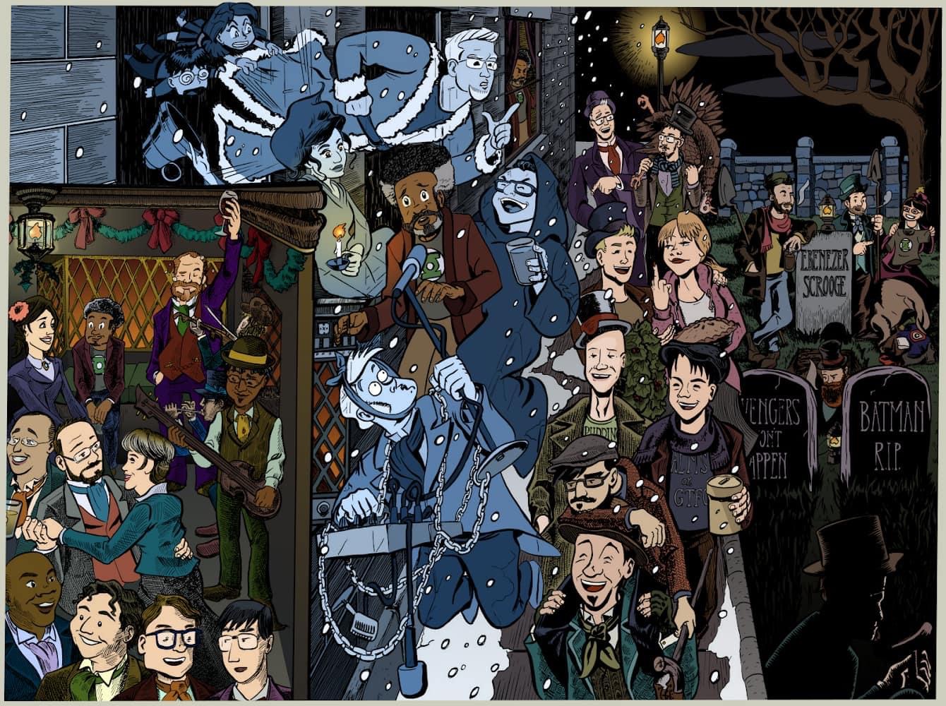 Illustration from A Christmas Carol, featuring members of the League of Extremely Ordinary Gentlemen and regular guests as characters from the story. Dr. NerdLove is the Ghost of Christmas Present