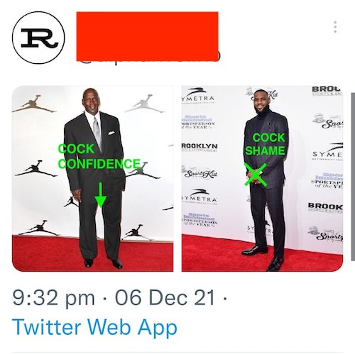screenshot of a Twitter post. Image features two African American celebrities in front of a backdrop for a Nike event.Michael Jordan is standing with green text printed over him and an arrow pointing down. Text reads "cock confidence". LeBron is standing with his hands folded, with text and an x superimposed. Text reads "cock shame" 