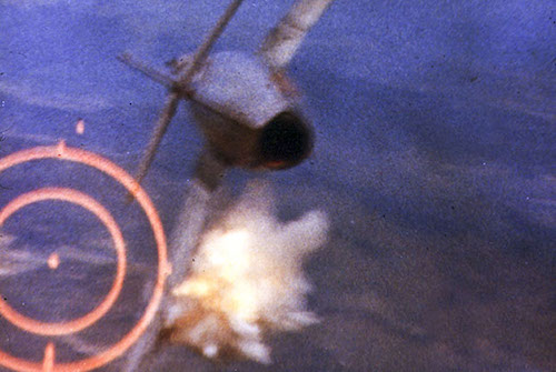 A North Vietnamese MiG-17 is hit by 20 mm shells from a U.S. Air Force F-105D Thunderchief piloted by Maj. Ralph Kuster Jr. , 469th Tactical Fighter Squadron, 388th Tactical Figther Wing, on June 3, 1967. The F-105 was “a very poor plane in a dogfight” but it packed a fast-shooting 20mm cannon — early models of the F-4 did not have a gun. (U.S. Air Force photo via National Archives)