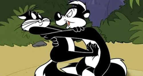 Pepe Le Pew holding Penelope the Cat. Penelope is trying to push Pepe off of her
