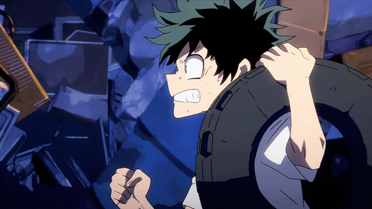 animated gif of Deku from My Hero Academia training, carrying a tire as he runs