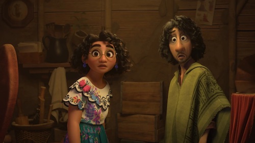 screenshot from the movie Encanto; Mirable and Bruno look surprised at the camera