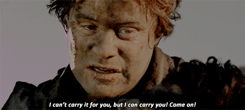 animated gif from The Return of the King. Samwise Gamgee in close up, talking to Frodo Baggins. Caption reads: "I can't carry it for you, but I can carry you!"