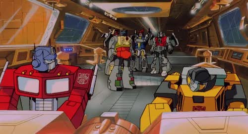 Scene from Transformers: The Movie. Optimus Prime sends the Dinobots to face Devastator