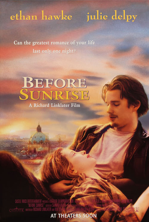 The poster for the Richard Linkletter movie "Before Sunrise". Ethan Hawke reclines with Juliette Delpy resting her head in his lap