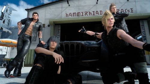 Screenshot from Final Fantasy 15. The main characters are posing for a selfie in front of Hammerhead Garage