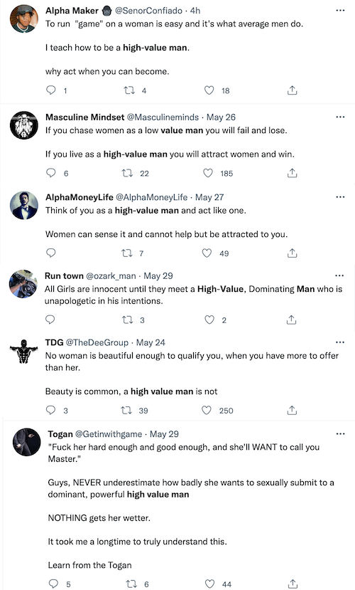 Screenshot of discussions of what a "high-value" man is on Twitter.