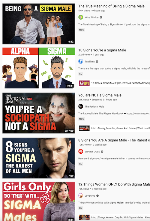 Screenshot of YouTube search results for the term "sigma male". Trust me when I say you don't want the description of all of these videos; I'm saving you from a lifetime of cringe.