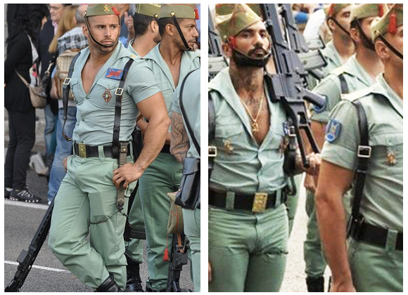 Image of members of the Spanish Foreign Legion in uniform, wearing a tight powder blue top open to the base of his pecs, extremely tight seafoam green pants, leather suspenders and a beret
