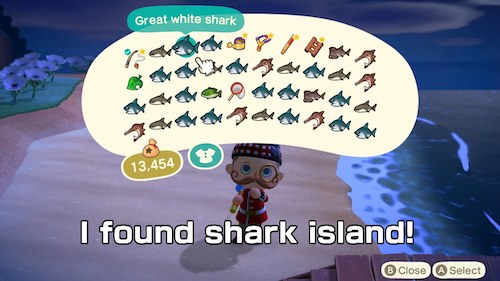 Captura de pantalla de Animal Crossing, donde mi personaje muestra la cantidad de tiburones en su inventario. El texto dice "¡Encontré la isla de los tiburones!"