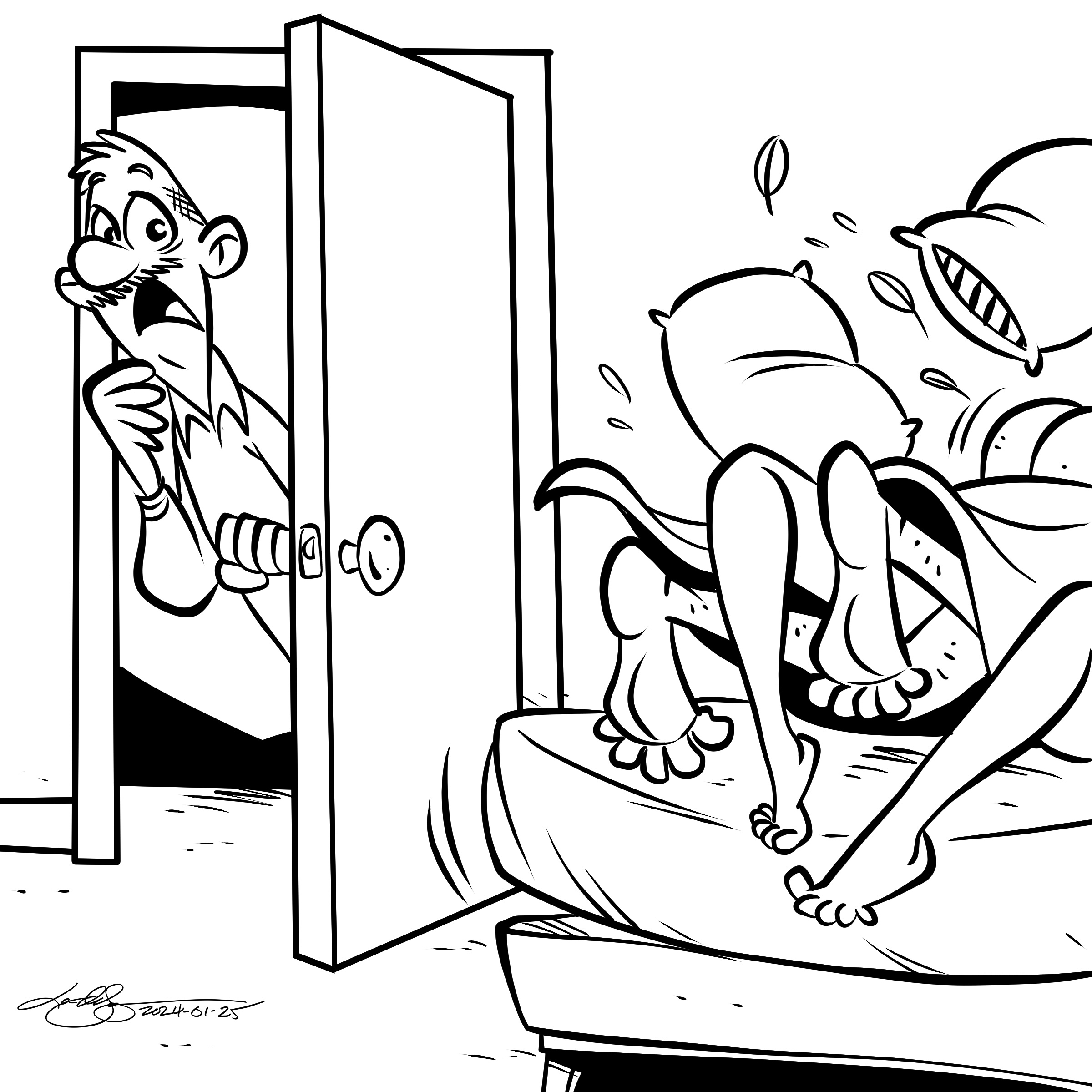 A cartoon drawing of a man opening the door to see two people having vigorous sex on a bed
